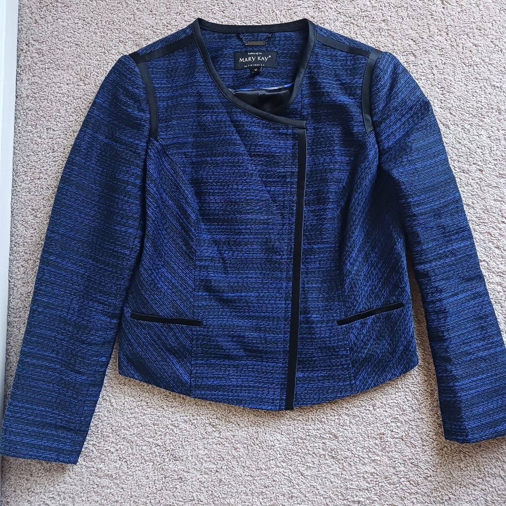 Mary Kay by Twin Hill Blazer Jacket Women Size 10 Blue Black Striped  Zipper Vtg